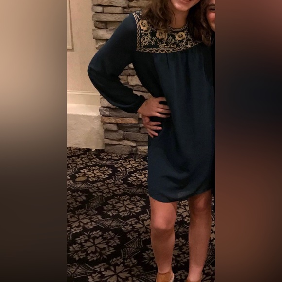 Peach Love Forest Green Chiffon Minidress w/ Beautiful Gold Embroidery Size Sm - Picture 11 of 11